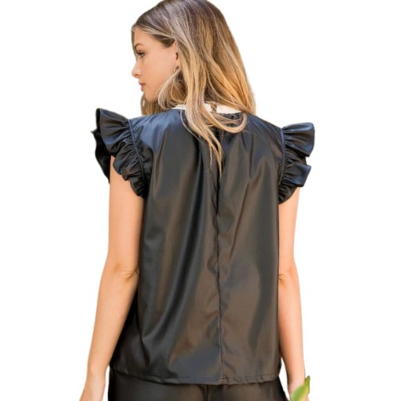 NWT - Faux Leather Flutter Sleeve Top - Picture 7 of 7
